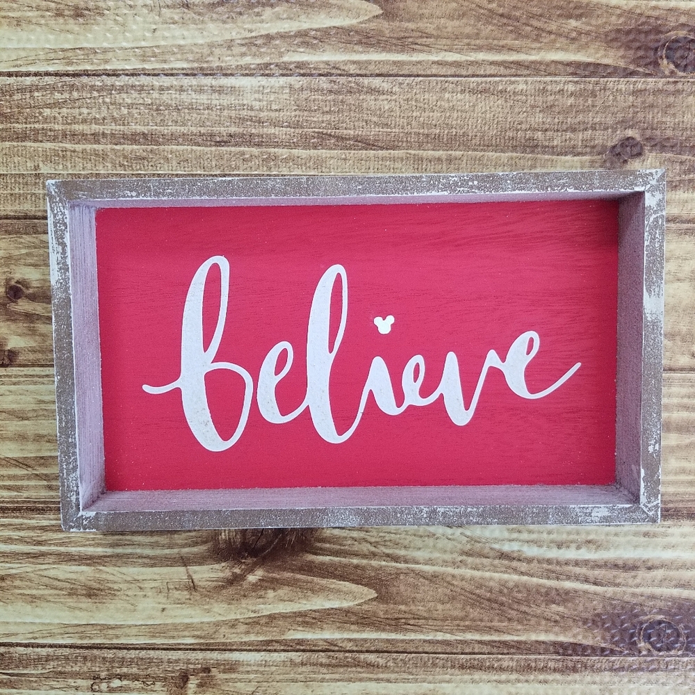Disney Christmas Wood Sign Tabletop Decor - Red Believe Mickey